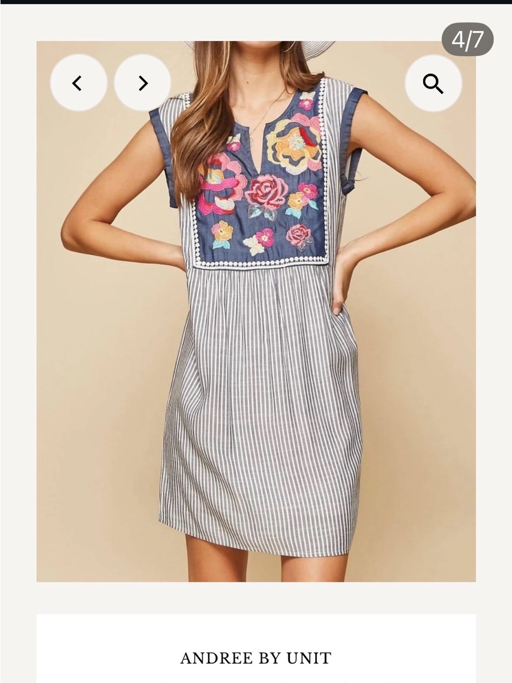 Embroidered Floral Bib Stripe Shift Dress - Blue